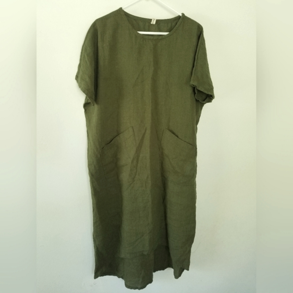 NWOT Knock Knock Linen Smock Dress Painter Dress Forest Green Size Small